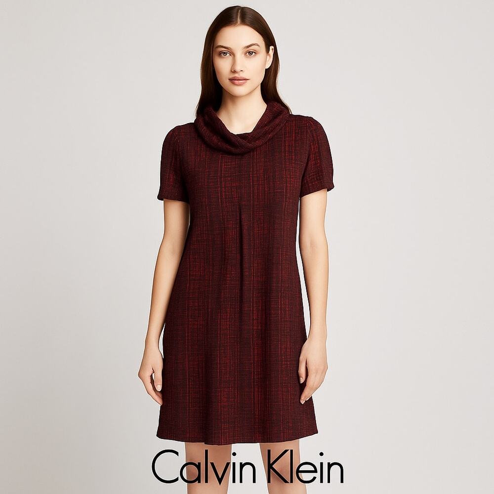 Calvin Klein Red Black Cowl Neck Short Sleeve Shift Dress Size 10
